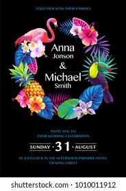 Tropical Hawaiian wedding invitation with birds, palm leaves and exotic flowers on a black background. Round frame. Vector illustration.