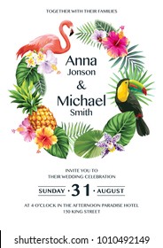 Tropical Hawaiian wedding invitation with birds, palm leaves and exotic flowers. Round frame. Vector illustration.