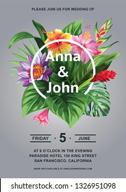 Tropical Hawaiian wedding invitation with birds, palm leaves and exotic flowers. Round frame. Vector illustration.
