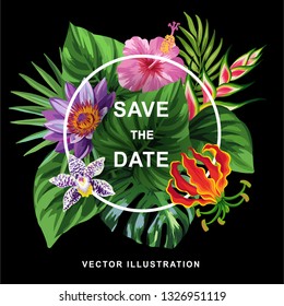 Tropical Hawaiian wedding invitation with birds, palm leaves and exotic flowers. Round frame. Vector illustration.