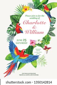 Tropical Hawaiian wedding invitation with birds, palm leaves and exotic flowers. Round frame. Vector illustration.