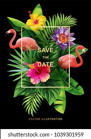 Tropical Hawaiian wedding invitation with flamingos, palm leaves and exotic flowers on a black background. Square frame. Vector illustration.