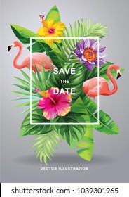 Tropical Hawaiian wedding invitation with flamingos, palm leaves and exotic flowers. Square frame. Vector illustration.