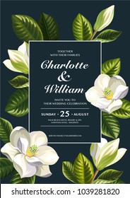 Tropical Hawaiian wedding invitation with magnolia flowers. Template design. Vector illustration.