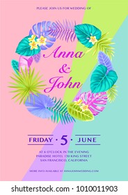 Tropical Hawaiian wedding invitation with palm leaves and exotic flowers. Round frame. Vector illustration.