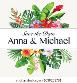 Tropical Hawaiian wedding invitation with palm leaves and exotic flowers. Template design. Vector illustration.