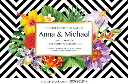 Tropical Hawaiian wedding invitation with palm leaves and exotic flowers. Template design. Vector illustration.