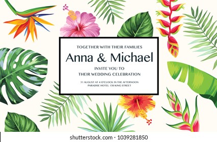 Tropical Hawaiian wedding invitation with palm leaves and exotic flowers. Template design. Vector illustration.