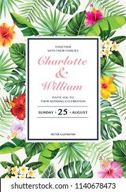 Tropical Hawaiian wedding invitation with palm leaves and exotic flowers on a white background. Template design. Vector illustration.