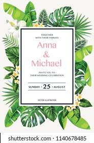 Tropical Hawaiian wedding invitation with palm leaves and exotic flowers on a white background. Template design. Vector illustration.