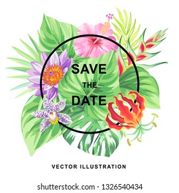 Tropical Hawaiian wedding invitation with palm leaves and exotic flowers. Round frame. Vector illustration.