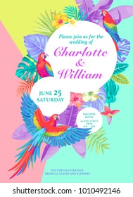 Tropical Hawaiian wedding invitation with parrots, palm leaves and exotic flowers. Round frame. Vector illustration.