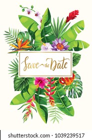 Tropical Hawaiian wedding invitation. Square frame. Vector illustration.