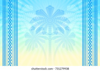 Tropical hazy background with palm trees, sun rays and tratitional Hawaiian or Polynesian folk ornaments
