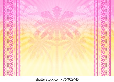 Tropical hazy background with palm trees, sun rays and tratitional Hawaiian or Polynesian folk ornaments