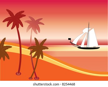 tropical heat palm trees with yacht