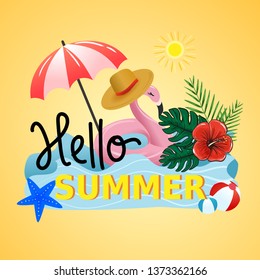 Tropical hello summer lettering with beach swimming pool background vector item.