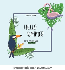 Tropical Hello Summer Poster Design with Space for Text, Tropical Leaves, Flowers, Toucan and Flamingo. Vector Illustration.
