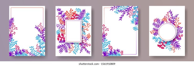 Tropical herb twigs, tree branches, leaves floral invitation cards set. Plants borders elegant cards design with dandelion flowers, fern, mistletoe, eucalyptus leaves, savory twigs.