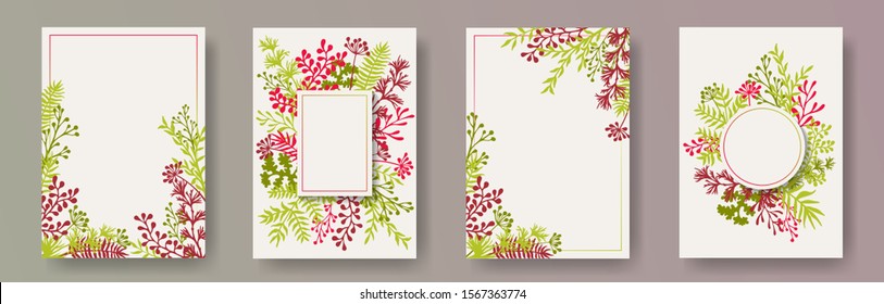 Tropical herb twigs, tree branches, leaves floral invitation cards templates. Herbal frames romantic cards design with dandelion flowers, fern, lichen, eucalyptus leaves, sage twigs.