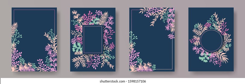 Tropical herb twigs, tree branches, flowers floral invitation cards templates. Plants borders rustic invitation cards with dandelion flowers, fern, lichen, olive branches, sage twigs.