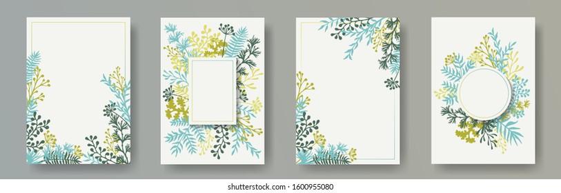 Tropical herb twigs, tree branches, flowers floral invitation cards set. Bouquet wreath elegant cards design with dandelion flowers, fern, lichen, olive branches, sage twigs.