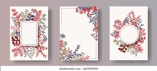 Tropical herb twigs, tree branches, flowers floral invitation cards templates. Bouquet wreath rustic invitation cards with dandelion flowers, fern, lichen, olive branches, sage twigs.