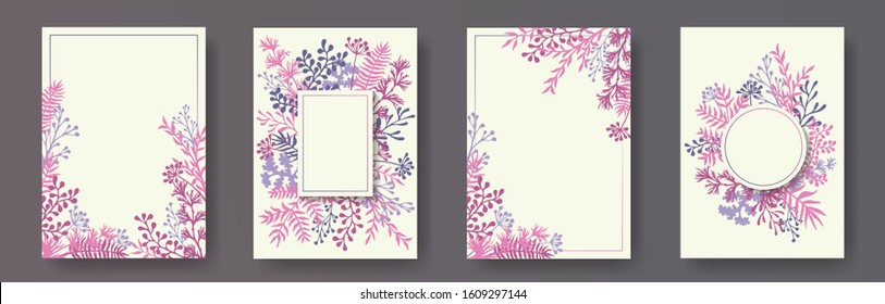 Tropical herb twigs, tree branches, flowers floral invitation cards collection. Herbal corners natural cards design with dandelion flowers, fern, lichen, olive branches, sage twigs.