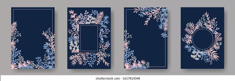 Tropical herb twigs, tree branches, flowers floral invitation cards collection. Herbal frames modern cards design with dandelion flowers, fern, mistletoe, olive tree leaves, savory twigs.