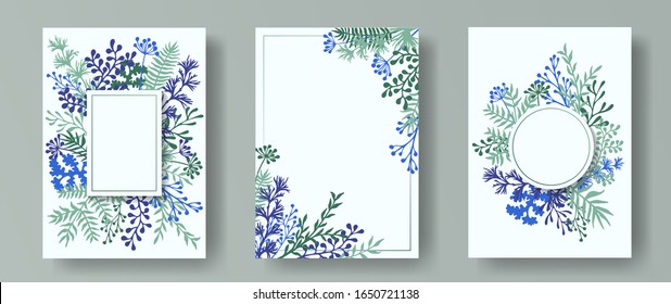 Tropical herb twigs, tree branches, flowers floral invitation cards set. Herbal corners retro invitation cards with dandelion flowers, fern, lichen, olive tree leaves, savory twigs.