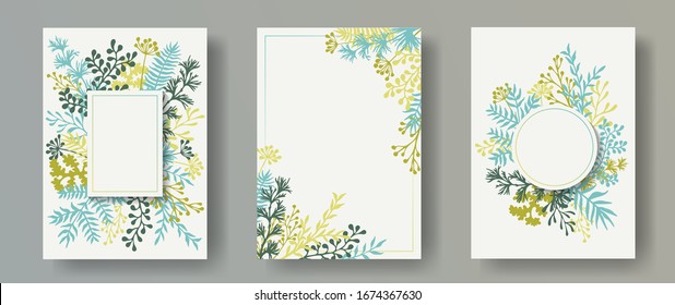 Tropical herb twigs, tree branches, flowers floral invitation cards templates. Bouquet wreath modern invitation cards with dandelion flowers, fern, lichen, olive branches, sage twigs.