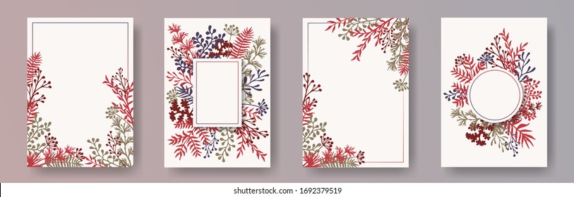 Tropical herb twigs, tree branches, flowers floral invitation cards set. Herbal corners romantic cards design with dandelion flowers, fern, lichen, olive tree leaves, savory twigs.
