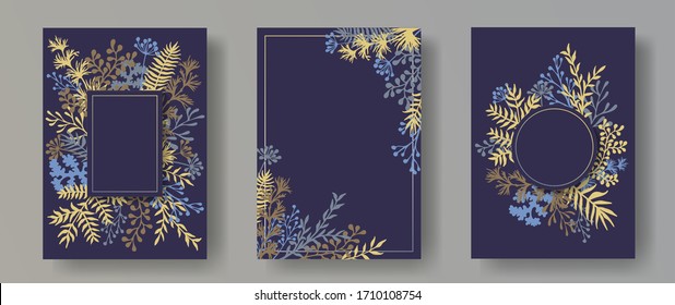 Tropical herb twigs, tree branches, flowers floral invitation cards templates. Herbal corners creative invitation cards with dandelion flowers, fern, lichen, olive branches, savory twigs.