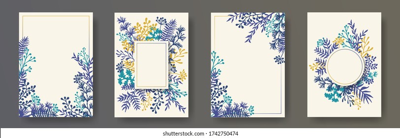 Tropical herb twigs, tree branches, flowers floral invitation cards collection. Bouquet wreath modern invitation cards with dandelion flowers, fern, lichen, eucalyptus leaves, savory twigs.