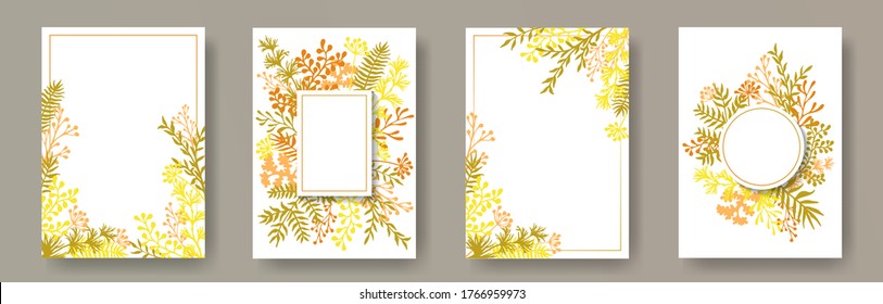 Tropical herb twigs, tree branches, leaves floral invitation cards collection. Plants borders romantic invitation cards with dandelion flowers, fern, lichen, olive tree leaves, savory twigs.