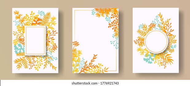 Tropical herb twigs, tree branches, leaves floral invitation cards set. Herbal corners retro invitation cards with dandelion flowers, fern, lichen, olive tree leaves, sage twigs.