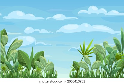 Tropical herbs and shrubs. Jungle meadow. Palm shoots trees and nice summer weather. Funny cartoon style. Green countryside landscape. Wet fresh sky. Vector