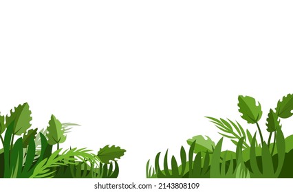 Hierbas tropicales y arbustos. La pradera de la jungla. Las palmeras brotan en los árboles y hace buen tiempo. Aislado sobre fondo blanco. Divertido estilo de caricatura. El paisaje verde del campo. Vector