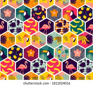 Patrón hexágono tropical - elementos florales exóticos sin soldadura y fondo de animales de la jungla - elementos tropicales surrealistas