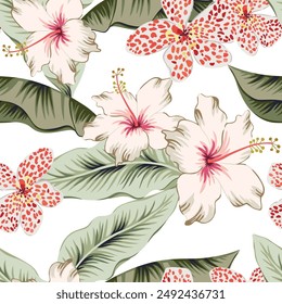 Tropical hibiscus, canna flowers, green banana palm leaves, white background. Vector seamless pattern. Jungle foliage illustration. Exotic plants. Summer beach floral design. Paradise nature