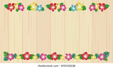 Tropical, hibiscus decoration. top and bottom decoration frame (beige wood grain background, 16: 9 ratio)