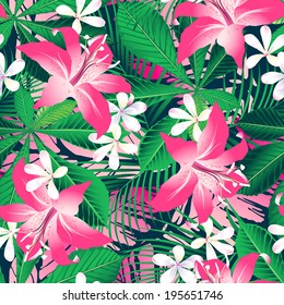 Tropical hibiscus floral 2 seamless pattern.