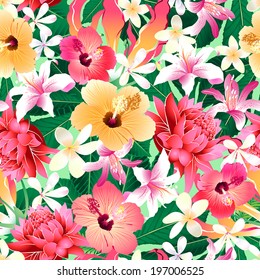 Tropical hibiscus floral 4 seamless pattern.