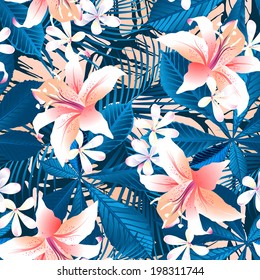 Tropical hibiscus floral 6 seamless pattern .