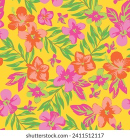 Tropical hibiscus floral and leaf seamless vector pattern. For girls teen, fashion, stationary and swimwear in yellows, pinks, orange and greens. Bright neon colours. Summer and spring