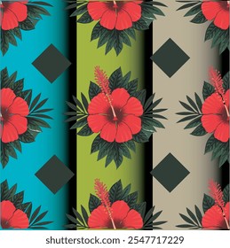 Tropical Hibiscus Floral Pattern with Geometric Diamond Elements