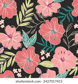 Tropical hibiscus floral seamless vector repeat pattern. Summer print. Pinks and peach. Pretty and cute. Girls, teens, kids, ladies fashion and swimwear. Hand drawn sketch doodle