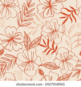 Tropical hibiscus floral seamless vector pattern in orange and peach. Sketchy and hand drawn doodle . Summer print in oranges and peach. Summer swimwear fashion pattern for ladies, teens and girls.