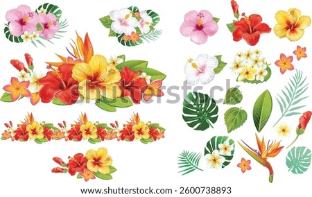 Tropical Hibiscus Flower Composition with Separate Elements for Designs and Custom Arrangements