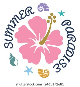 Tropical Hibiscus Flower. Hawaii Bouquet for Summer Sale Banners. Paradise leaf. Exotic Pink flower isolated design on white background. Summer Sea shells. Flat Vector illustration.